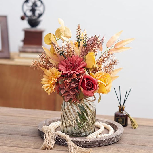 Fake Flowers Artificial Flowers with Vase, Faux Silk Flowers Fake Plants for Farmhouse Kitchen Dining Table Decorations, Fall Decorations for Home Office