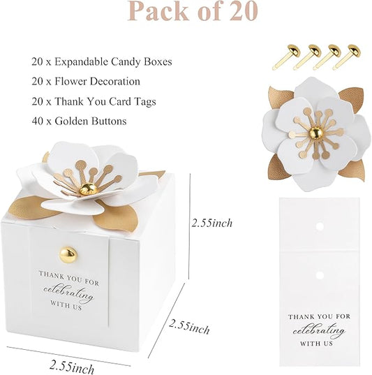 FEIYI 20 PCS Candy Boxes, 3 In 1 White Favor Boxes With Floral Decor, White Thank You Tags Gift Wrapping For Wedding Birthday Baby Shower Decorations Party -2.55x2.55x2.55''
