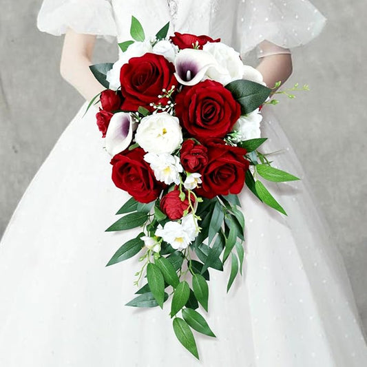 Wedding Bouquet for Bride, White and Wine Red Water Drop Bridal Bouquet Artificial Flowers Roses Cascading Wedding Bouquet for Ceremony Anniversary Party Bridal Shower Wedding Decoration