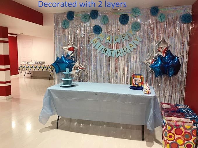 Foil Fringe Curtains Christmas Decorations - Melsan 3 Pack 3.2 x 8.2 ft Silver Tinsel Curtain Photo Backdrop for Birthday Party or Disco Party Decorations