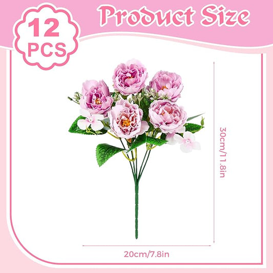Olgaa 12 Bundles Peonies Artificial Flowers Fake Peony Bouquet Faux Peonies Flowers Bulk with Stems Flower Balls for Centerpiece Table Decorations Wedding Bridal Floral Arrangement (Purple Pink)