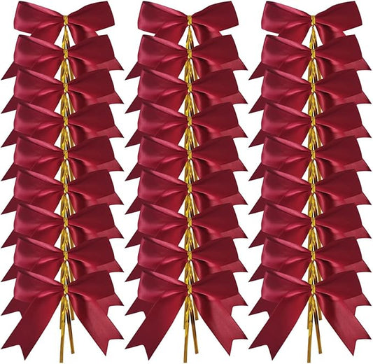 50pcs 3-1/2" Burgundy Twist Ties Satin Wine Color Bows with Twist Tie Bows Fish Tail Cutting(Burgundy)
