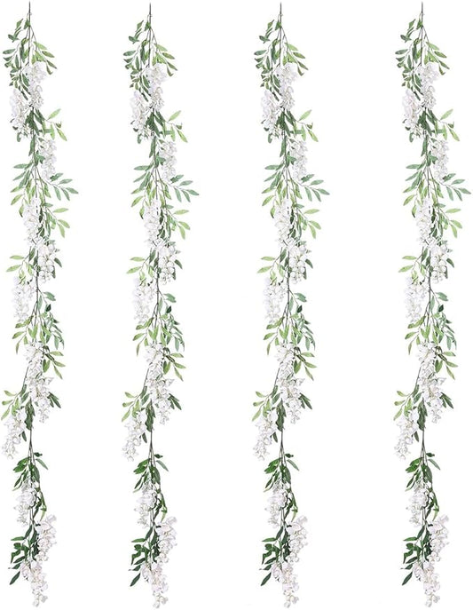 Duovlo 4Pcs 6.6Ft/Piece Imitation Silk Wisteria Garland Hanging Flower Vine for Home Outdoor Garden Ceremony Wedding Arch Floral Decor (Milk White)