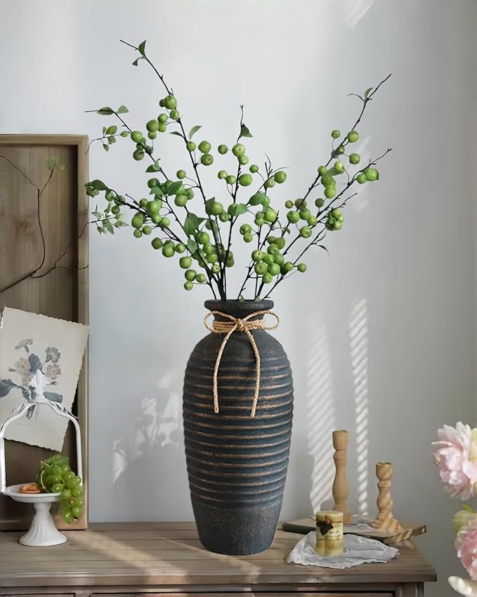Large Ceramic Rustic Vase,14.4 Inch Vintage Farmhouse Tall Threaded Vase for House Book Shelf Office Coffee Desk Dining Fireplace,Bronze