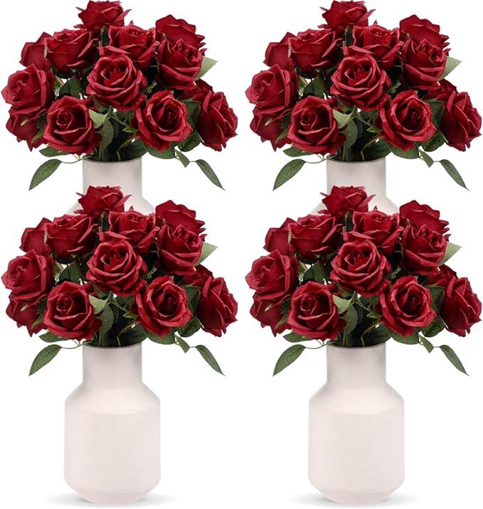 Hotop 40 Pcs Rose Artificial Flowers Bulk with Long Stem,Realistic Silk Fake Roses Bouquet for Home Wedding Centerpieces Party Table Decoration Valentines Gifts(Wine Red)