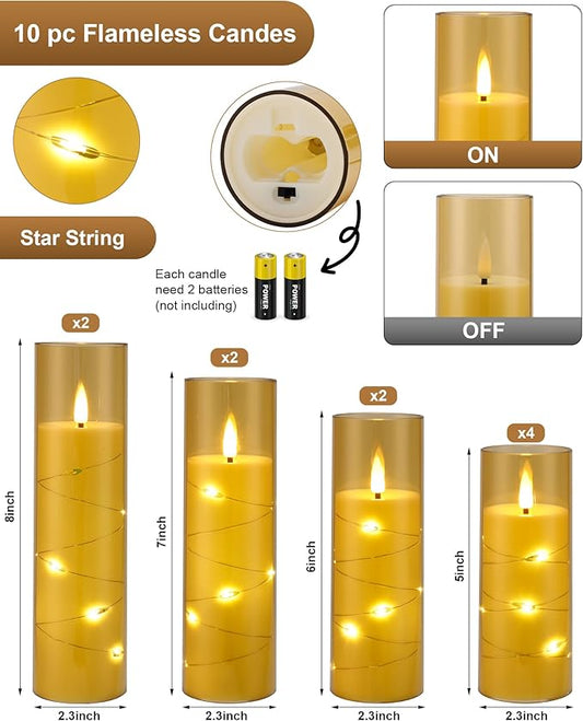 Enido Gold 10 Pc Flameless LED Candles with Remote Acrylic Shell Set Battery Operated, Flickering Electric Lights with Embedded Star String for Cozy Home, Good Holiday Romantic Decor