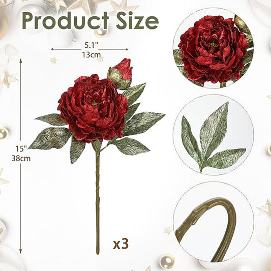 Briful 3PCS Red Artificial Christmas Peony Flower Stems, 15in Silk Peonies with Bud Fake Peony Floral Arrangement for Xmas Home Vase Party Wedding Bouquet Decor