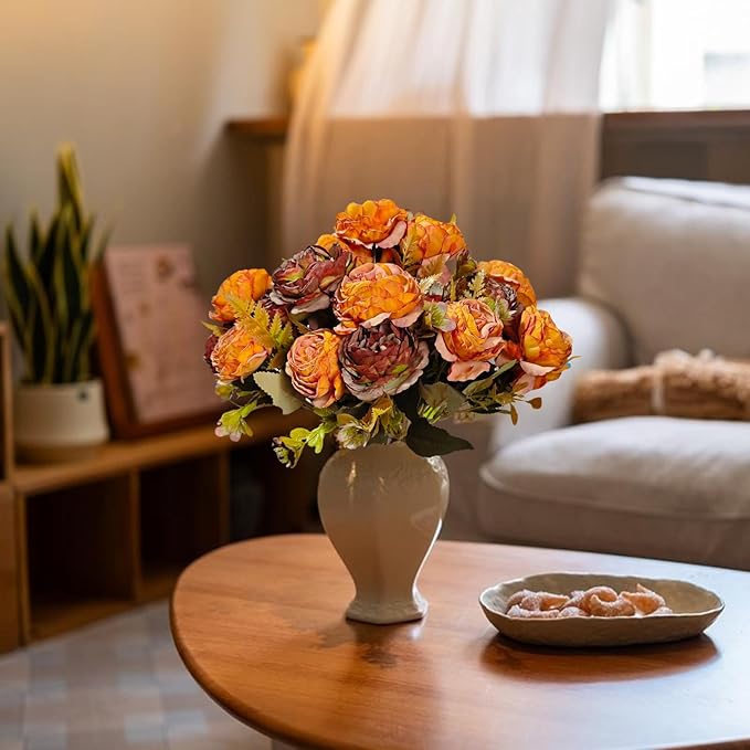 ASTRYAS 8Pcs Peonies Artificial Flowers, Fall Fake Peony Silk Burnt Orange Dried Peonies Fall Flowers Bouquet for Autumn Centerpiece Table Wedding Party Home Decor