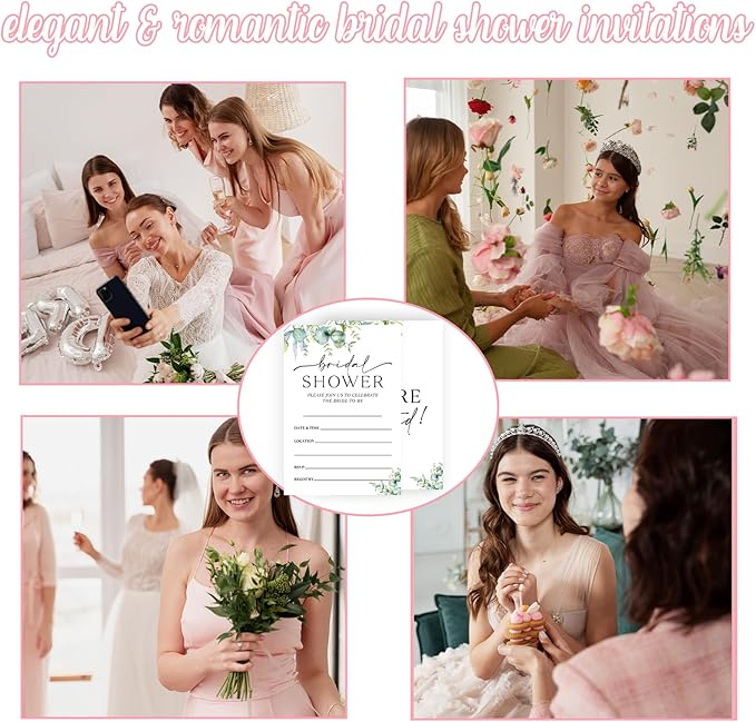 25 Set Greenery Bridal Shower Party Invitations with Envelopes, Spring Botanical Wedding Bridal Shower Party Supplies Invitation Cards-A14