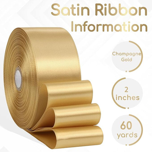 Champagne Gold Ribbon 2 Inch, 60 Yards Gold Satin Ribbon for Crafts, Gift Wrapping, Birthday Party, Flower Bouquet, Bows, Wedding and Festival Decor