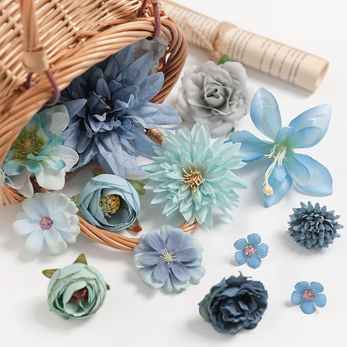 Artificial Flowers Heads Combo Blue Flowers Mix Silk Flowers Heads Bulk Faux Rose for Craft Garland Graduation Cap Wedding Bridal Baby Shower Home Party Decoration DIY Cake Decor