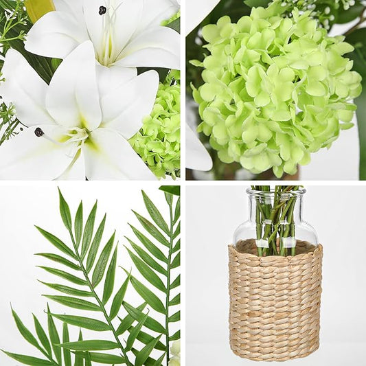 Hollyone Fake Flowers with Vase, Easter Lily Flowers, White Silk Tiger Lily and Hydrangea Artificial Flowers in Vase, Faux Plants and Flowers Arrangement Bouquets for Table Centerpieces Home Decor