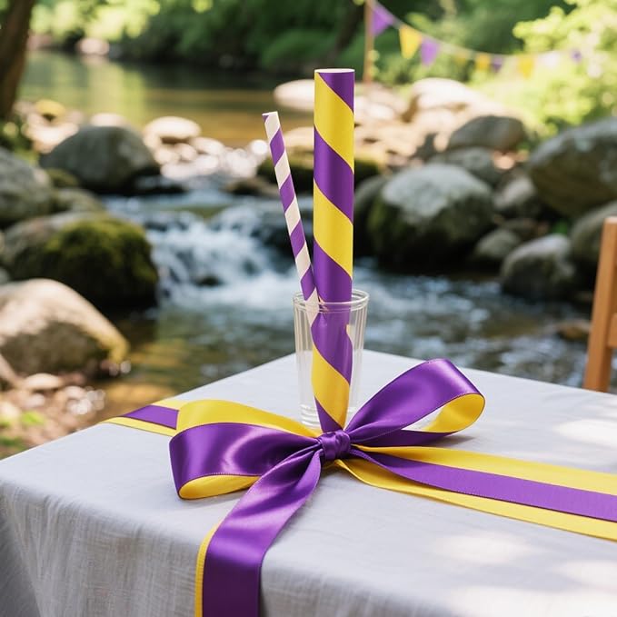 3/8 Ribbon, Purple & Yellow Two-Tone Double Faced Satin Ribbon for Gift Wrapping, Flower Bouquet, Bow, Hair, Wedding, DIY Crafts, Holiday Party Decorations, 30 Yards Total