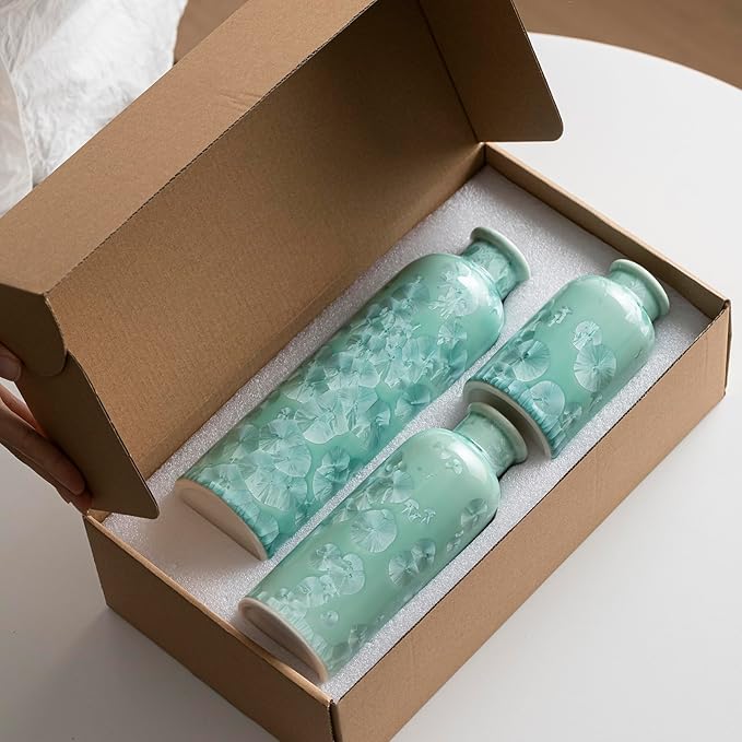 Modern Ceramic Vase Set of 3, Green Crystalline Glaze Colors, Decorative Bottles for Home, Farmhouse Rustic Decor (Crystalline Glaze Green)