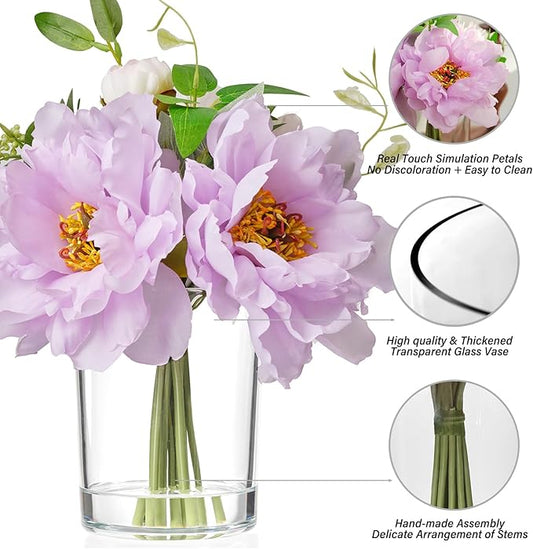 WELL KNOWN Silk Peony Artificial Flowers with Vase,Silk Fake Flower Bouquets in Vase with Fake Water Flower Arrangements for Table Centerpieces Home Office Hotel Wedding Party Decor & Gift (Purple)