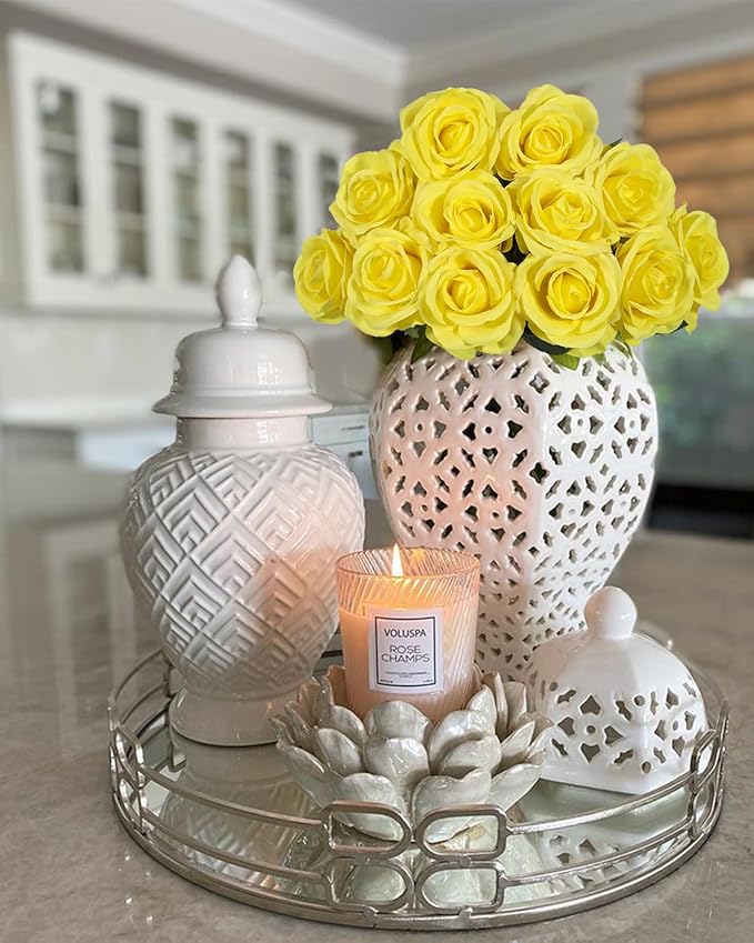 DuHouse 10pcs Silk Roses Artificial Flowers Fake Rose for Arrangement Wedding Party Home Decoration(Lemon)