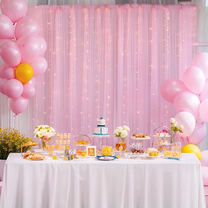 10x8ft Baby Pink Tulle Backdrop Curtain with Lights String for Parites, Sheer Backdrop Curtains for Wedding Baby Shower Birthday Party Photo Shoot Decorations