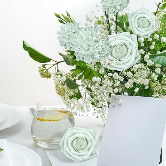 Artificial Flowers, 25pcs Artificial Rose for DIY Wedding Bouquets Centerpieces Arrangements, Light Green Rose Flowers with Stem for Bridal Shower Party Home Decorations