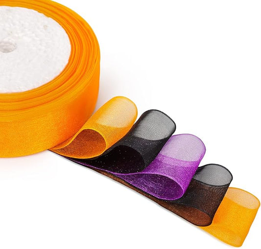 Organza Ribbon Sheer Ribbon, 1" x 125 Yd 5 Rolls Halloween for Gift Wrapping, Bouquet, Wedding, Party Decoration, Halloween