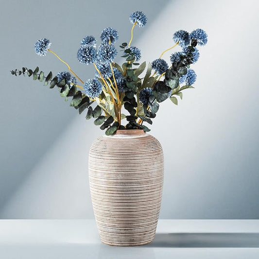 6 Artificial Silk Flowers + 3 Eucalyptus, Artificial Chrysanthemums with Stems for Home Decor, Dusty Blue