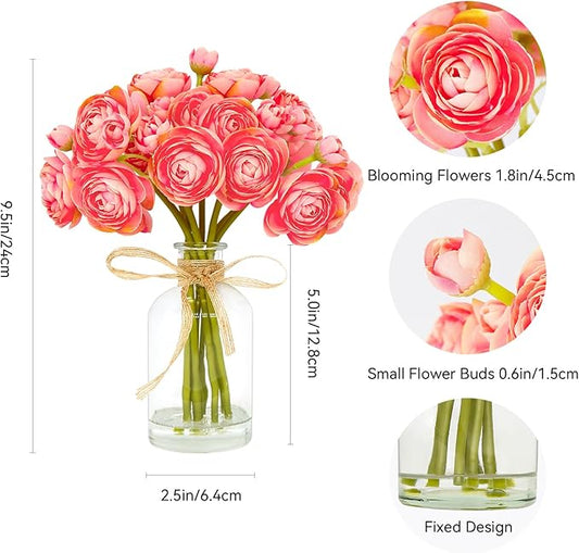 Ranunculus Artificial Flowers with Vase, 8 Pcs Faux Silk Ranunculus Flower in Vase, Small Flower Arrangements for Home Decor Indoor, Table Centerpiece. (Coral)