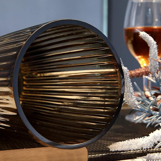 Small Cylinder Ribbed Brown Glass Flower Vase for Farmhouse Dining Table Centerpieces Decor