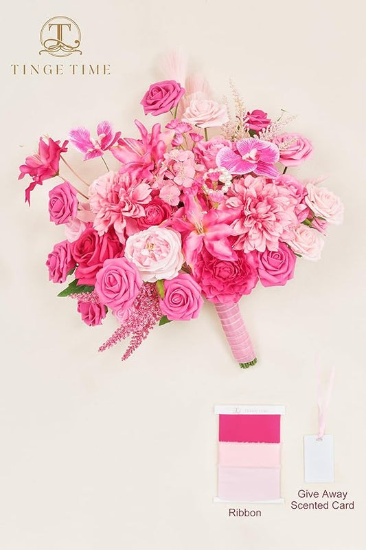 TINGE TIME 17 Inch Artificial Bridal Bouquet Realistic Silk Wedding Bouquet, Durable Fake Flowers for Brides, Bridesmaids, Home Decor, and Events (Hot Pink)