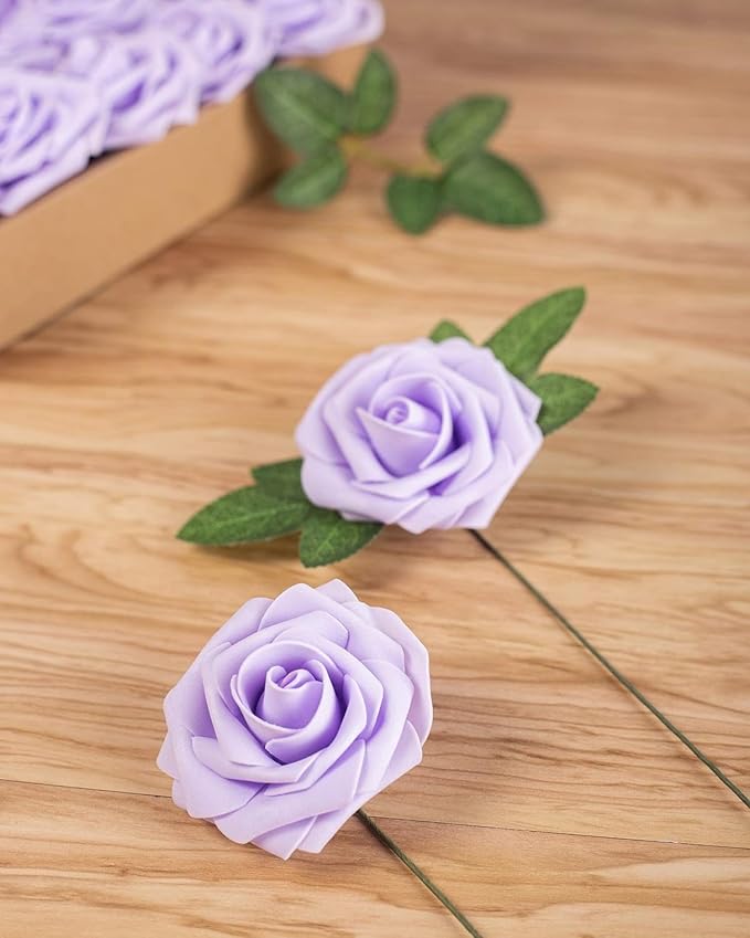 Artificial Flower Foam Rose 25pcs Real Looking Fake Rose with Stems Leaves for Home Decoration Party Garden Centerpieces DIY Wedding Bouquets(Violet)