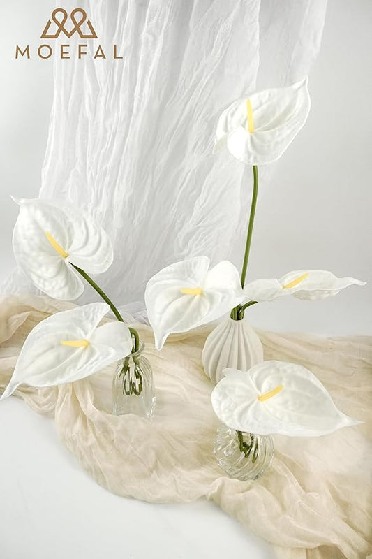 Real Touch Anthurium Artificial Flowers, 8pcs White Faux Tropical Flowers with Stems for Modern Wedding Bouquets, Elegant Centerpieces & Chic Party Decoration