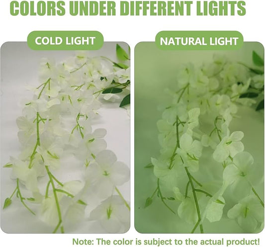 24 Pack Green White Wisteria Hanging Flowers, 3.4 Ft Fake Hanging Flowers, Artificial Wisteria Garland Vines for Wedding Room Backdrop Outdoor Patio Garden Decoration