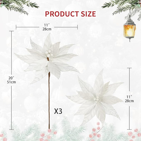 Hollyone 3PCS Poinsettia Christmas Flowers Artificial 11" Large Velvet White Glitter Poinsettia Flowers Christmas Tree Ornaments Floral Picks for Tree Wreath Garland Vase Table Centerpiece Home Decor