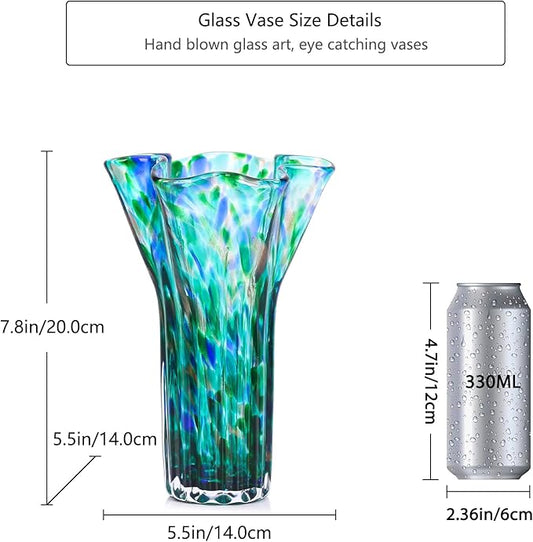 7.8" Tall Teal Vase Hand Blown Glass Vase Green, Modern Teal Home Centerpieces Wide Mouth Vases for Bud&Flower Decor - Ideal Living Room, Kitchen, Wedding, Dining Table, Office Center Table