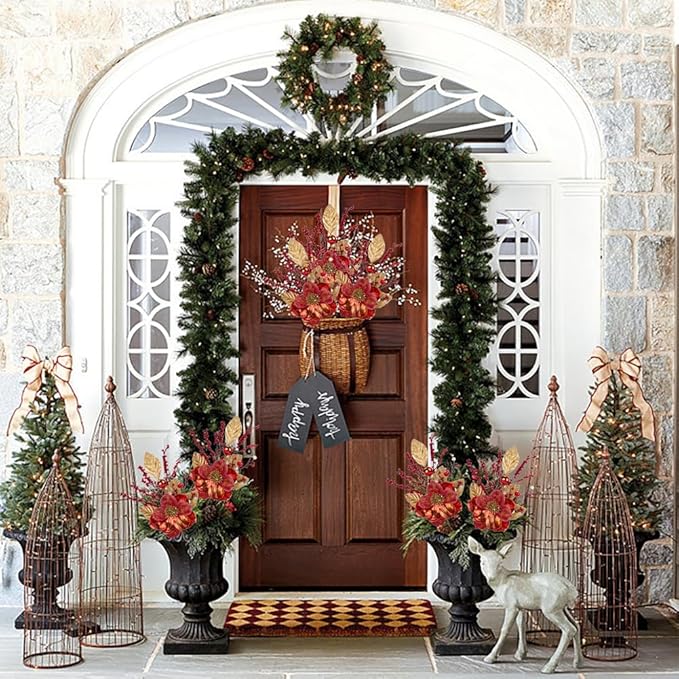 Briful 2PCS Christmas Glitter Magnolia Flowers Picks and Spray with Christmas Balls Ornament Red Berries Gold Leaves Branches for Xmas Tree Wreath Vase Floral Arrangement (Red Gold)
