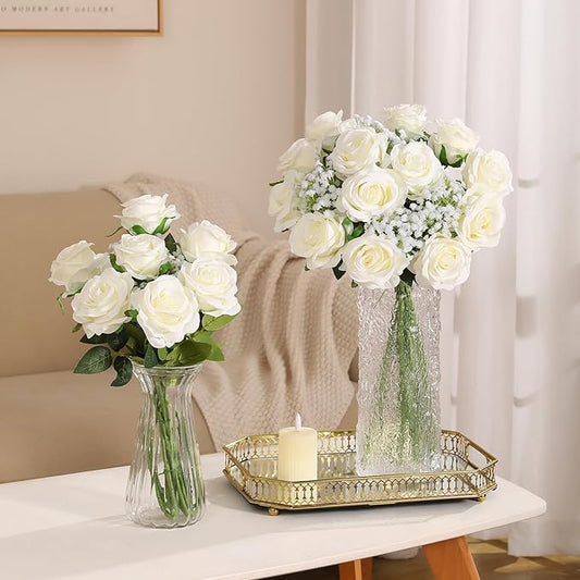 JUSTOYOU 30PCS Artificial Roses Silk Flowers in Bulk, Realistic White Fake Roses for Wedding Decorations, Home Decor, Centerpieces, Indoor Floral Arrangements