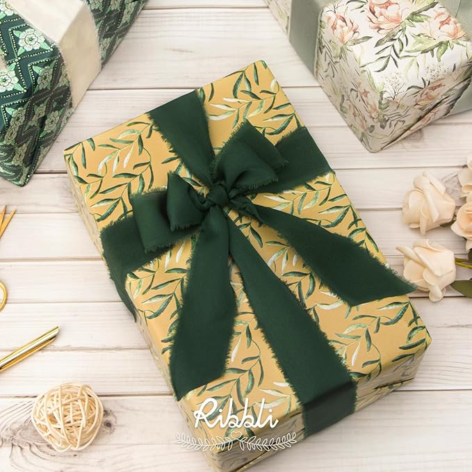 Ribbli Forest Green Silk Satin Ribbon 1.5 Inch x 30 Yard Handmade Frayed Chiffon Forest Green Ribbon for Gift Wrapping Wedding Invitations Bridal Bouquets Home Decor