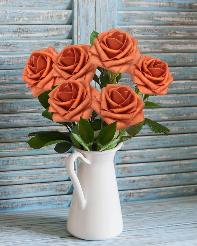 JOYLEX Artificial Flowers Realistic Roses, Real Looking Fake Roses with Stem for DIY Wedding Bouquets Centerpieces Bridal Shower Party Home Romantic Decorations (Burnt Orange, Regular 3" - 200pcs)