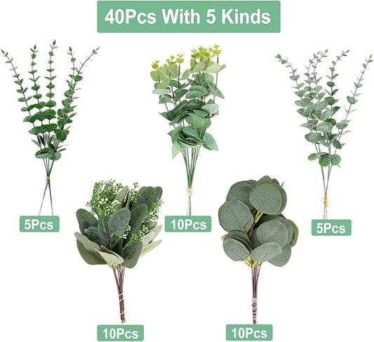 Cliselda 40 Pcs Artificial Eucalyptus Leaves Stems, 5 Kinds Mixed Fake Greenery Stems Bulk, Silver Dollar Eucalyptus Stems Bundle Faux Greenery Branches for Wedding Floral Arrangement Centerpiece