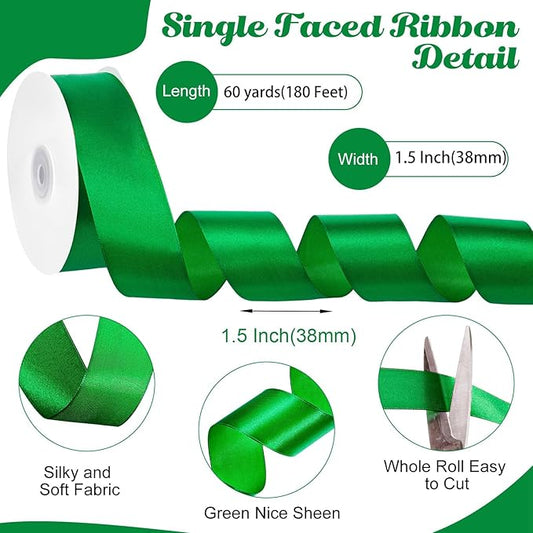 Green Ribbon 60 Yards 1 1/2 Inch Green Satin Ribbon Christmas Ribbons for Flower Bouquet Bows Crafts Gift Wrapping Christmas Decorations