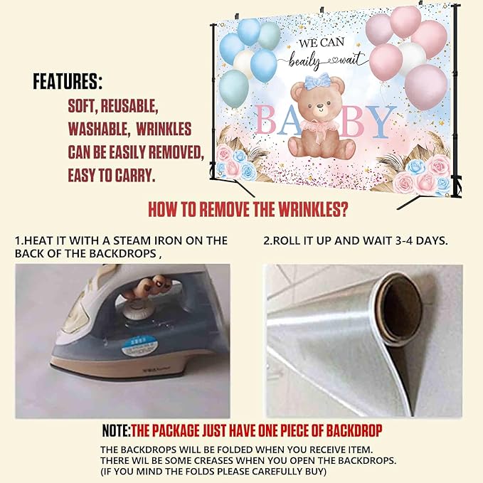 7x5ft Teddy Bear Gender Reveal Party Decorations, We Can Bearly Wait Baby Shower Backdrop, Blue Pink Balloon Floral Banner for Boy or Girl Baby Shower Photography Background