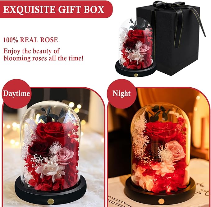 FIACO Preserved Flowers Christmas Rose Gifts for Women, Birthday Gifts Eternal Rose in Glass Dome Long-Lasting Real Forever Flowers Gifts for Mom Grandma Wife Girlfriend Red