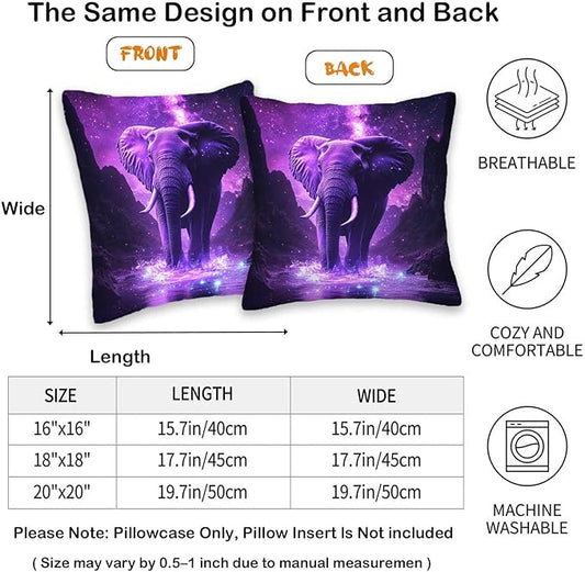 Elephant Throw Pillow Covers 18x18 Set of 2 | Wild Animal Decorative Cushion Covers | Purple Print Pillow Cases for Sofa and Bed Room | Jungle Themed Home Decor
