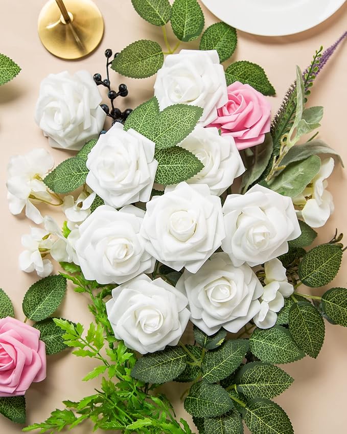 DuHouse 25Pcs Artificial Roses Flowers Fake Roses with Stems Real Touch Foam Flowers for DIY Wedding Bouquet Baby Shower Centerpiece Floral Arrangement Party Home Decor(White)