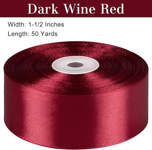 1-1/2 Inches 50 Yards Dark Wine Red Satin Ribbon, Solid Fabric Ribbon Roll for Flower Bouquets, Gift Wrapping, Wedding, Handmade Crafts