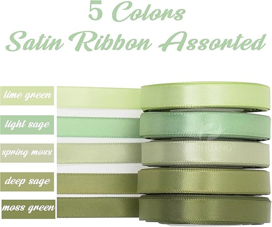 HUIHUANG Sage Green Assorted Satin Ribbon 3/8 inch x 50 Yards - 5 Colors, Perfect for Wedding Decor, Gift Wrapping, Crafts & More