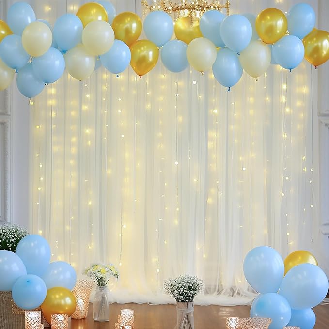 30x10ft Ivory Tulle Backdrop Curtain with Lights String for Parites, Sheer Backdrop Curtains for Wedding Baby Shower Birthday Party Photo Shoot Decorations