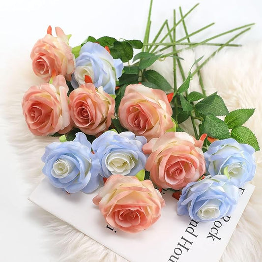 Pink Fake Roses Artificial Flowers - 10 Pcs Fake Artificial Roses Silk Flowers with Stems for Home Wedding Hotel Office Centerpiece Decor(Gradient Pink)