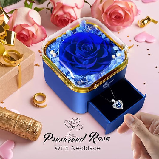 Christmas Birthday Gifts for Women,Preserved Blue Rose with I Love You Necklace,Preserved Flowers Gifts for Mom Girlfriend Women Wife Gifts Idea on Birthday Anniversary Christmas Valentines Day