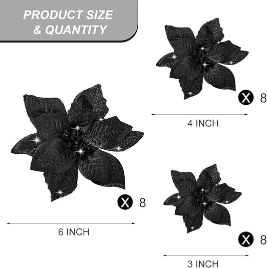 WILLBOND 24 Pcs 3 Size Poinsettia Flower Artificial Christmas Decor Glitter Poinsettia Christmas Ornaments Faux Flowers for Xmas Tree Outdoor(3.2/4/6 Inches,Black)
