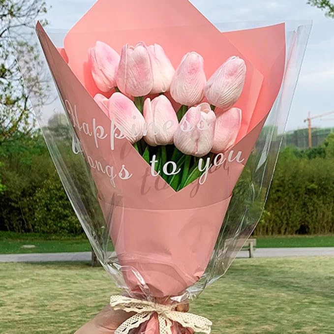 18pcs Artificial Tulips 13" PU Artificial Flowers for Family Friends Gifts DIY Flower Arrangement Home Kitchen Office Party Wedding Dining Table Decoration, Light Pink