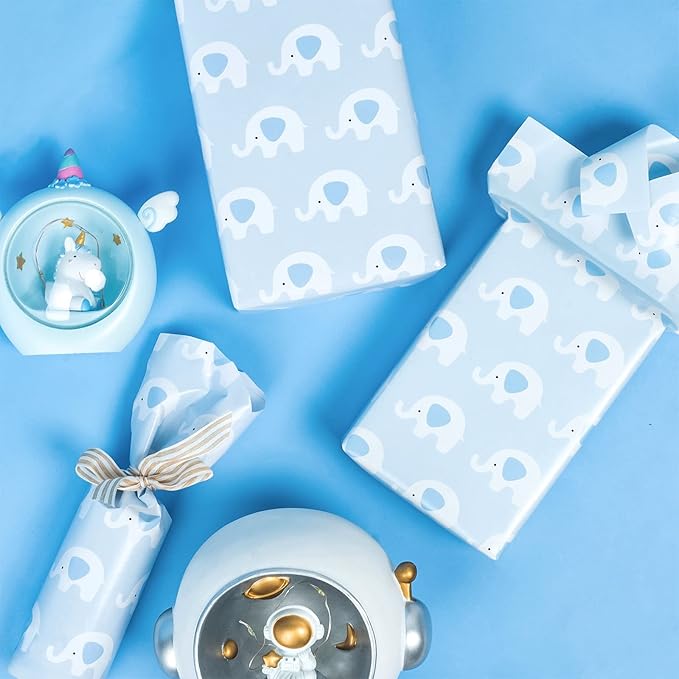 WRAPAHOLIC 30 Inch Baby Shower Wrapping Paper Roll - Cute Baby Blue Elephant Design for Baby Shower, Birthday, Holiday, Party - 30 Inch x 33 Feet